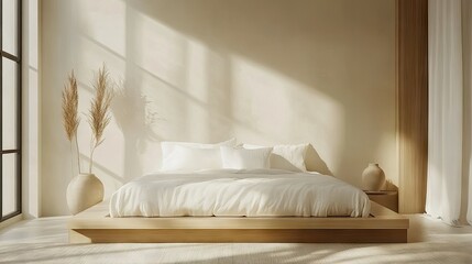 Detailed view of a minimalist bedroom with a platform bed, minimal accessories, and a serene atmosphere