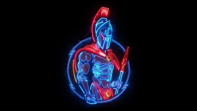 Blue Spartan Warrior Animated Neon Logo - Loop - Overlay Graphic Element