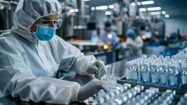 Workers in protective gear and masks work diligently in a sterile pharmaceutical laboratory, inspecting and processing vials. The focus is on maintaining a high standard of safety and precision.