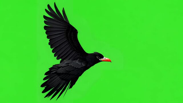 A black crow flying against a green background