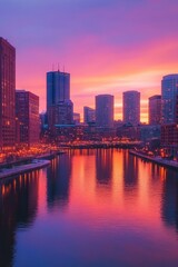 Naklejka premium A vibrant sunset over the skyline of Boston, Massachusetts.