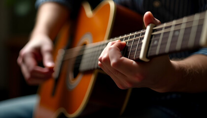 Fototapeta premium A close-up of a man's hands playing a guitar, showcasing the intricate finger placements and strumming technique. The image captures the passion and artistry of musicianship