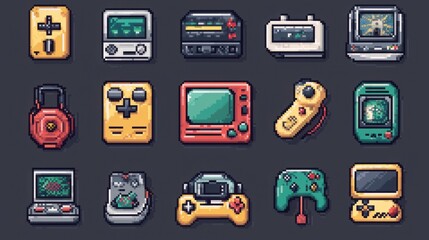 Retro Gaming Pixel Art Icon Set - Vintage Video Game Icons in 8-Bit Style