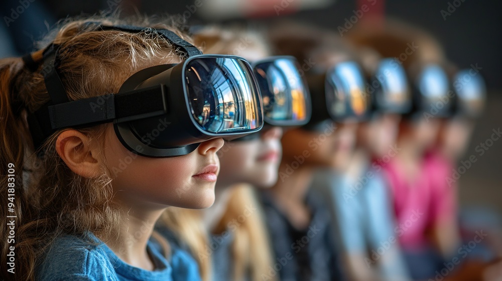Poster schoolchildren happy wearing virtual reality goggles in computer science class at school.illustratio