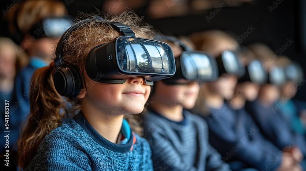 Aufkleber schoolchildren happy wearing virtual reality goggles in computer science class at school.stock image