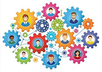 Colorful illustration of collaborative teamwork concept, featuring interconnected gears, puzzle pieces, and arrows, surrounded by icons of innovation and success in a modern infographic style.