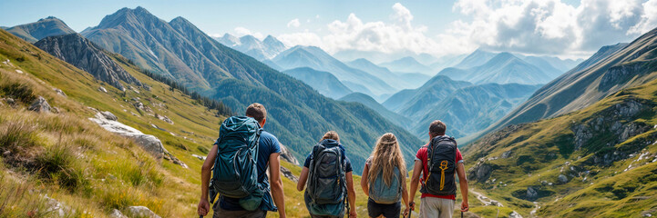 Fototapeta premium Group of young hikers in the mountains. Travelers with backpacks on a hiking trip