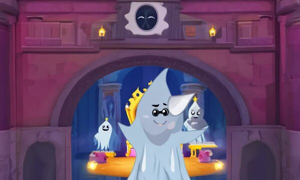 A cartoon castle with funny ghosts and hidden passageways.