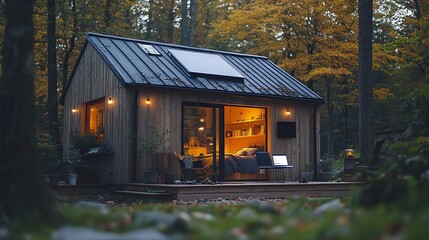 young couple happy resting outdoors with laptop in tiny house weekend away remote office concept.illustration