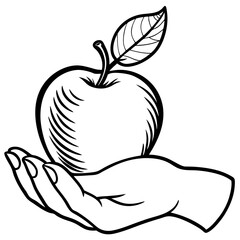 Engraved Vintage Apple in Hand  Organic Fruit Sketch Design 