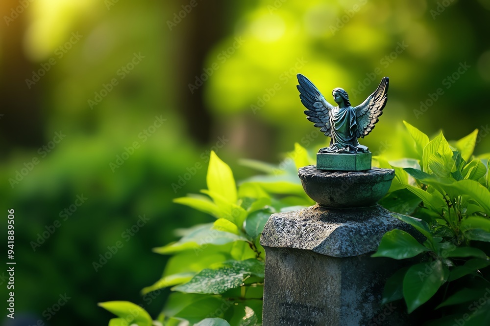 Poster a tombstone with a small angel sculpture on top, standing in a quiet, secluded graveyard, with soft 