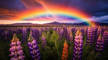 Lupins in bloom by the field with rainbow on a sunny spring day. Neural network ai generated art