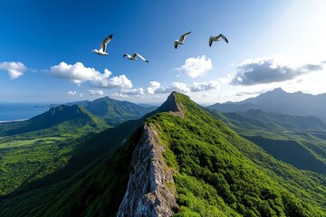 Beautiful birds soaring over a mountain range in a travel-themed photo, emphasizing the grandeur of nature