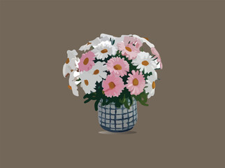 Set of watercolor white and pink daisies flower