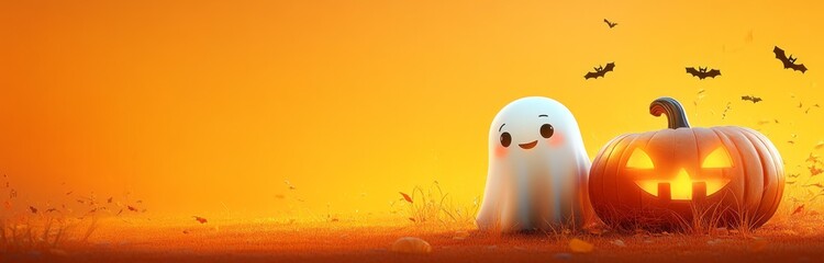 A friendly ghost stands in the grass next to a jack-o'-lantern on a bright orange background with tiny bats, banner