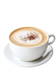 A steaming cup of cappuccino with creamy foam sits on a white saucer, perfect for a morning caffeine boost