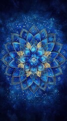 Golden Detailed Mandala on Blue Abstract Background