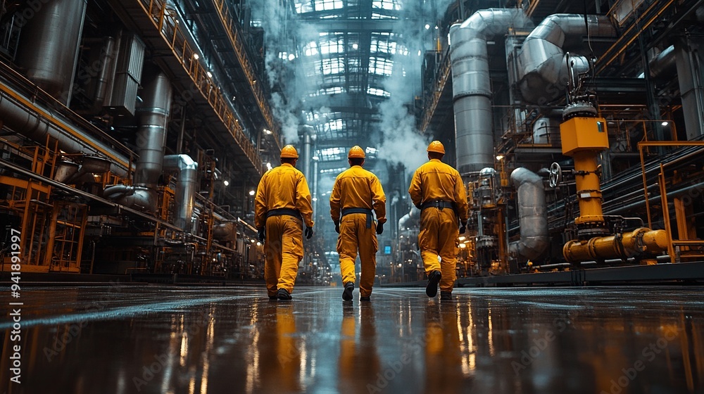 Aufkleber industrial worker in uniform walking in large metal factory hall talking with manager supervisors low angle view.illustration