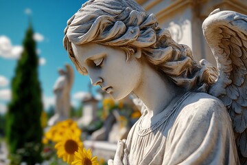 A tombstone with a weathered statue of a guardian angel, standing watch over the graves in an old, sacred cemetery