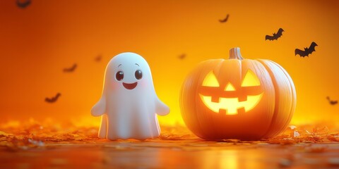 Cute ghost standing next to carved pumpkin with smiling face on bright orange background with bats flying around, Halloween atmosphere