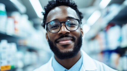 A young pharmacist in a white coat, smiling confidently, stands amidst pharmacy shelves filled with medicines, creating an atmosphere of trust and professional care.