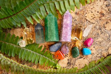 Gemstones minerals stones in the shape of obelisks. Witchcraft, herbal medicine and healing, Magic...