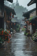 Obraz premium Landscape of an Asian village street in the rain