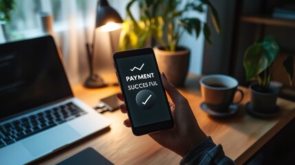 A phone screen shows payment success on a desk full of work supplies.