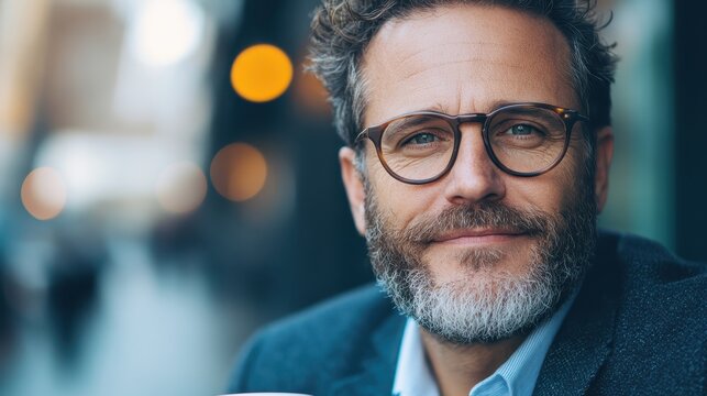 A portrait of a smiling man wearing round glasses, set against a blurred urban background, representing confidence, warmth, and contentment amidst a bustling city environment.