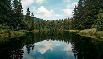 Panoramic photograph of an idyllic lake in the woods, peaceful and serene, with calm water reflecting the sky and trees on a summer day