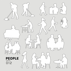 cafe Architectural Drawings people vector illustration, top view, human person Minimal style hand drawn. Sections, Elevations, Floor Plans.