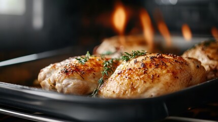 Appealing photo of perfectly roasted chicken thighs seated in a skillet, covered with fresh herbs, and exhibited with grill marks showcasing a roasted and savory experience.