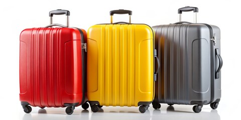 Naklejka premium Three Colorful Suitcases Ready for Travel, Red, Yellow, Gray, Luggage, Vacation, Journey