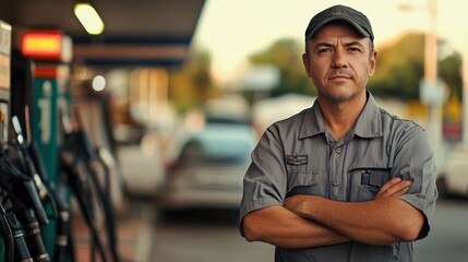 A man standing with his arms crossed in front of a gas station.