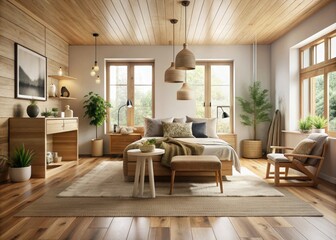Fototapeta premium Scandinavian Oak Oasis: Natural wood grains, warm neutral tones, minimalist design, clean lines, hygge atmosphere