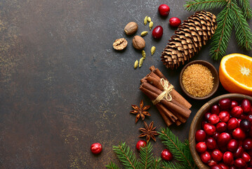Ingredients for making mulled wine. Top view with copy space.