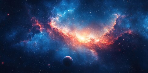 A solitary planet amidst a glowing nebula in the cosmic expanse