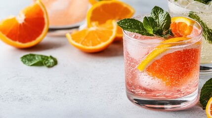 A cool and refreshing citrus cocktail with mint leaves and orange slices, served in a clear glass,...