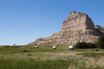 Large rock formation and wagon at Scotts Bluff National Monument, Nebraska