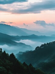 Fototapeta premium Serene misty mountain landscape at dawn in the foothills