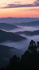 Obraz premium Mist-covered valleys at dawn in a serene mountain landscape