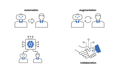 AI-Powered Work Dynamics Icons - Automation, Augmentation, Collaboration, and Human-AI Partnership - Editable Stroke and Colors