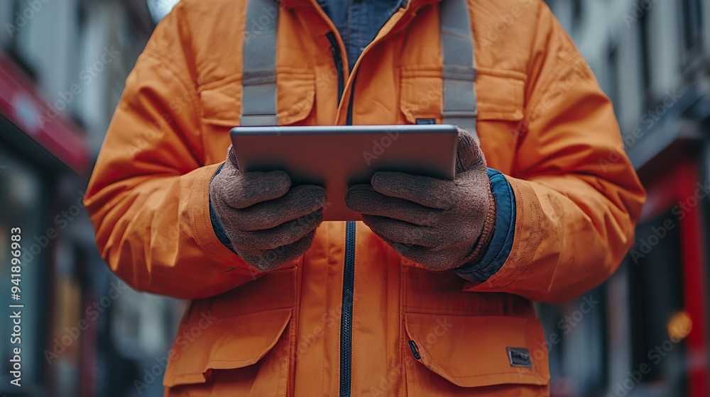 Poster engineer man with tablet looking at blueprints on construction site midsection.stock image