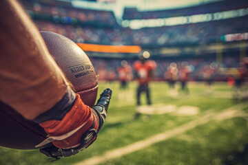 A football player holds a wet football on a field