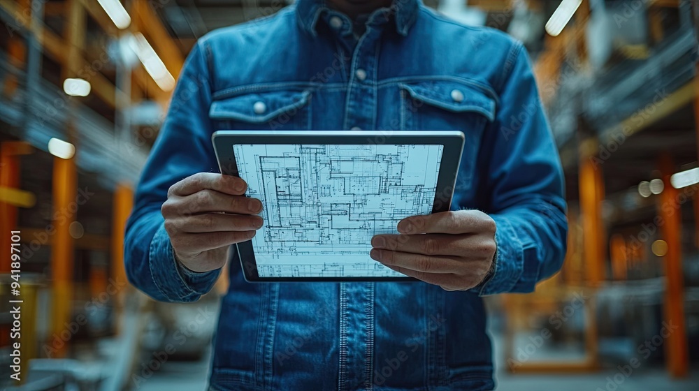 Poster engineer man with tablet looking at blueprints on construction site midsection.illustration