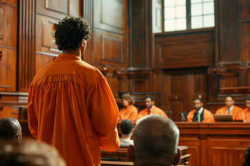 A man in an orange shirt stands in front of a group of people in a courtroom