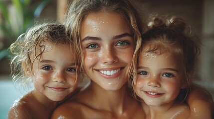 her little children hugging mother in bathroom at home.stock image
