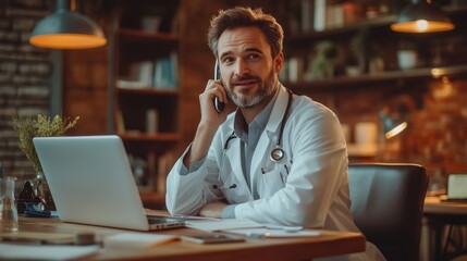 A man in a white lab coat is talking on a cell phone while sitting at a desk