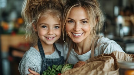 mother with help of daughter unpacking local food in zero waste packaging from bag in kitchen at home.illustration