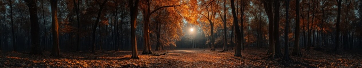 Sunlight filtering through autumn trees in a serene forest at dusk